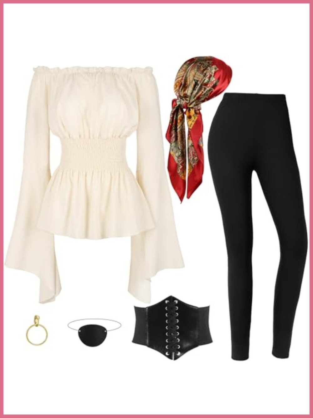 Women's Pirate Costume Set Renaissance Blouse Corset Belt Headscarf Cosplay